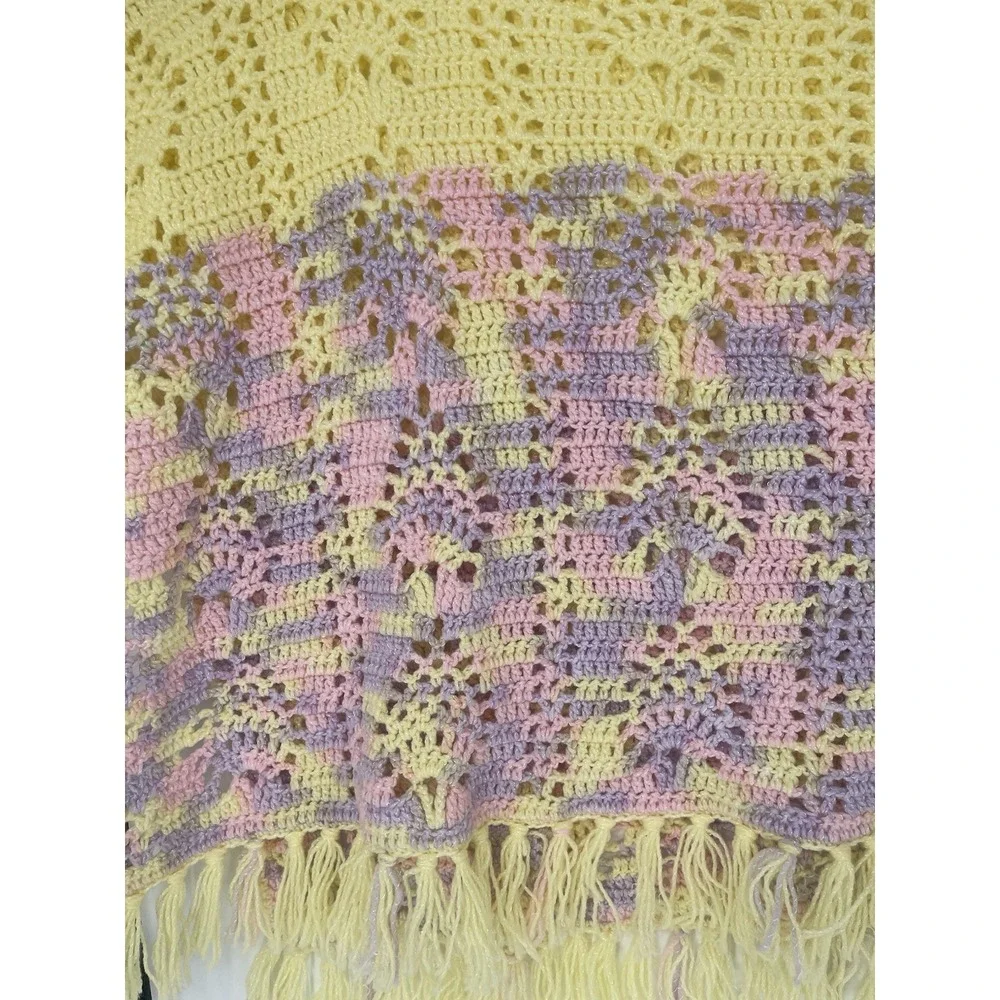 Vintage Afghan Hand Crochet Baby Girl Colors With Fringe Blanket.
